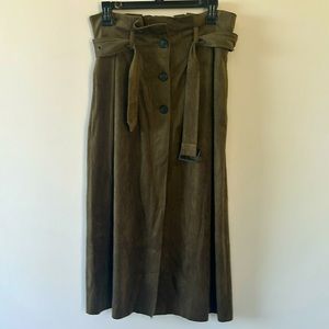 Mango Khaki Green Velvet Front Button Closure Side Pockets Midi Skirt Size Small